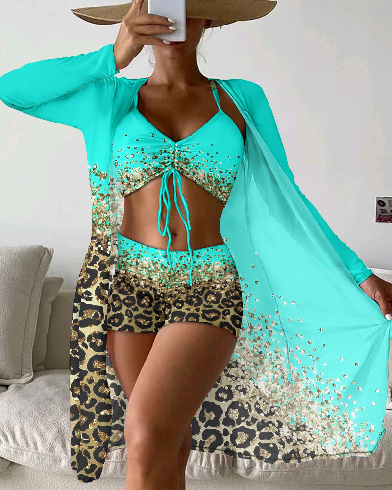 Women's Three-piece Set Mesh Outerwear Printing Color Contrast Bikini