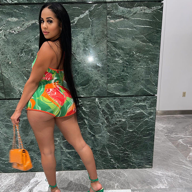 Women's Printed Deep V String Tie Jumpsuit - Peek A Boo Undies