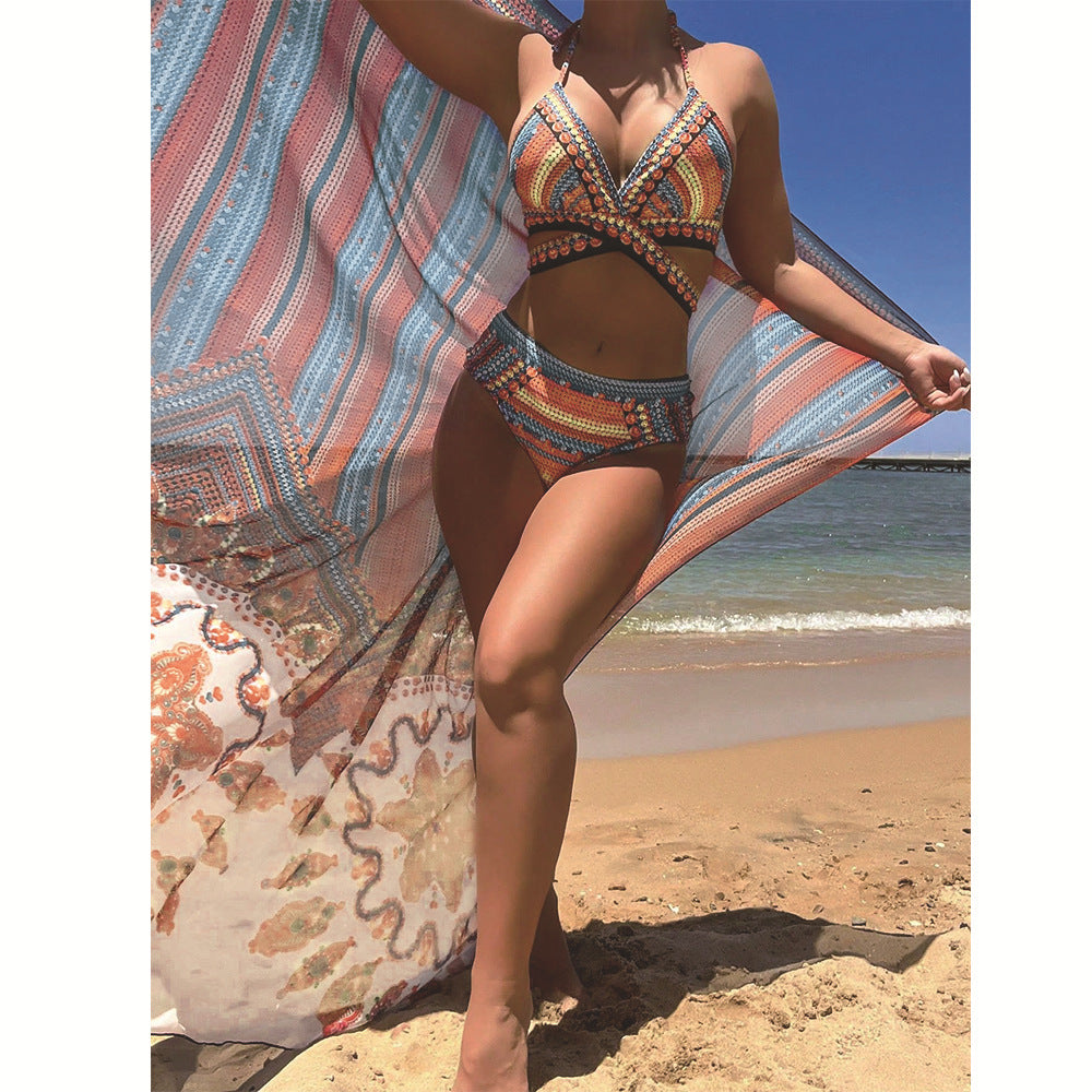 Bikini Çapraz Bandaj Mayo Yüksek Bel Duvaklı Bölünmüş Üç Parçalı Takım
