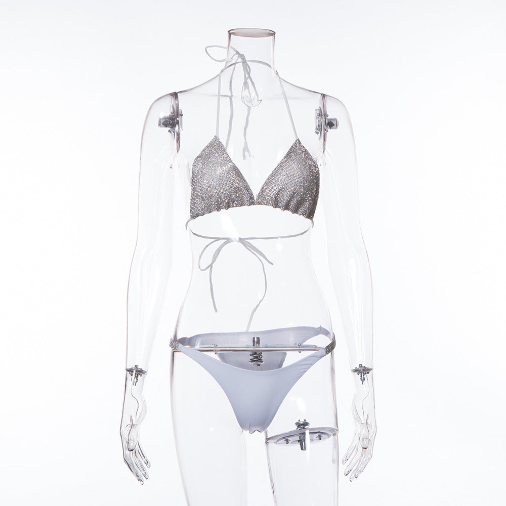 Solid Color Diamond-studded Bikini Split Swimsuit - Peek A Boo Undies