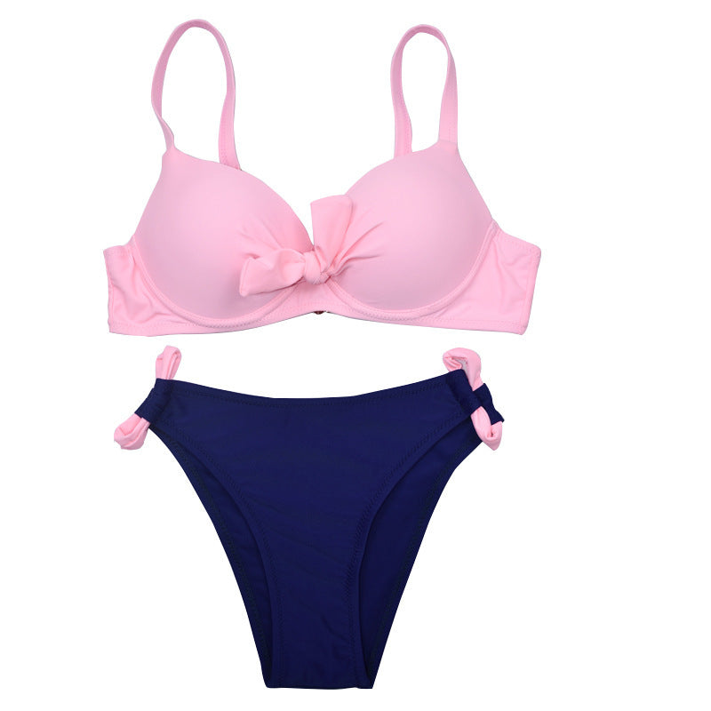 Sexy Swim Suit Solid Color Hard Cup Bow Color Contrast Collocation Bikini - Peek A Boo Undies