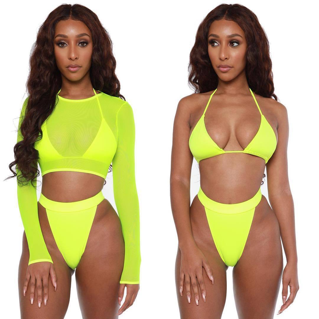 3 Piece Neon Green Bikini Swimsuit Women Long Sleeve Swimwear - Peek A Boo Undies