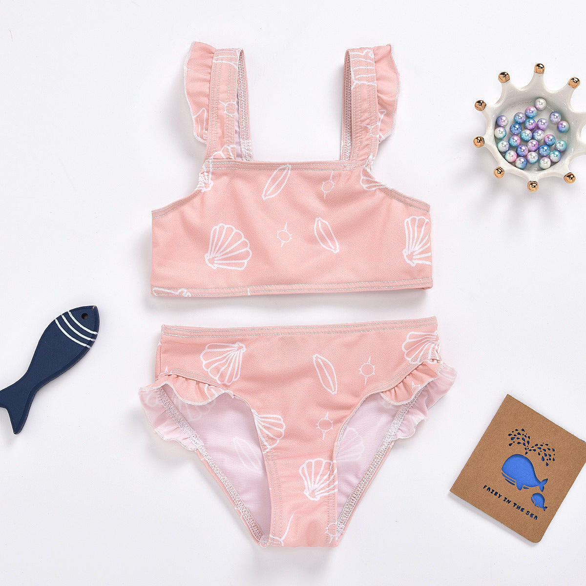 Summer New Girls' Clothes Foreign Style Small Fresh Lace Shell Print Sling Briefs Swimsuit Two-Piece Suit - Peek A Boo Undies