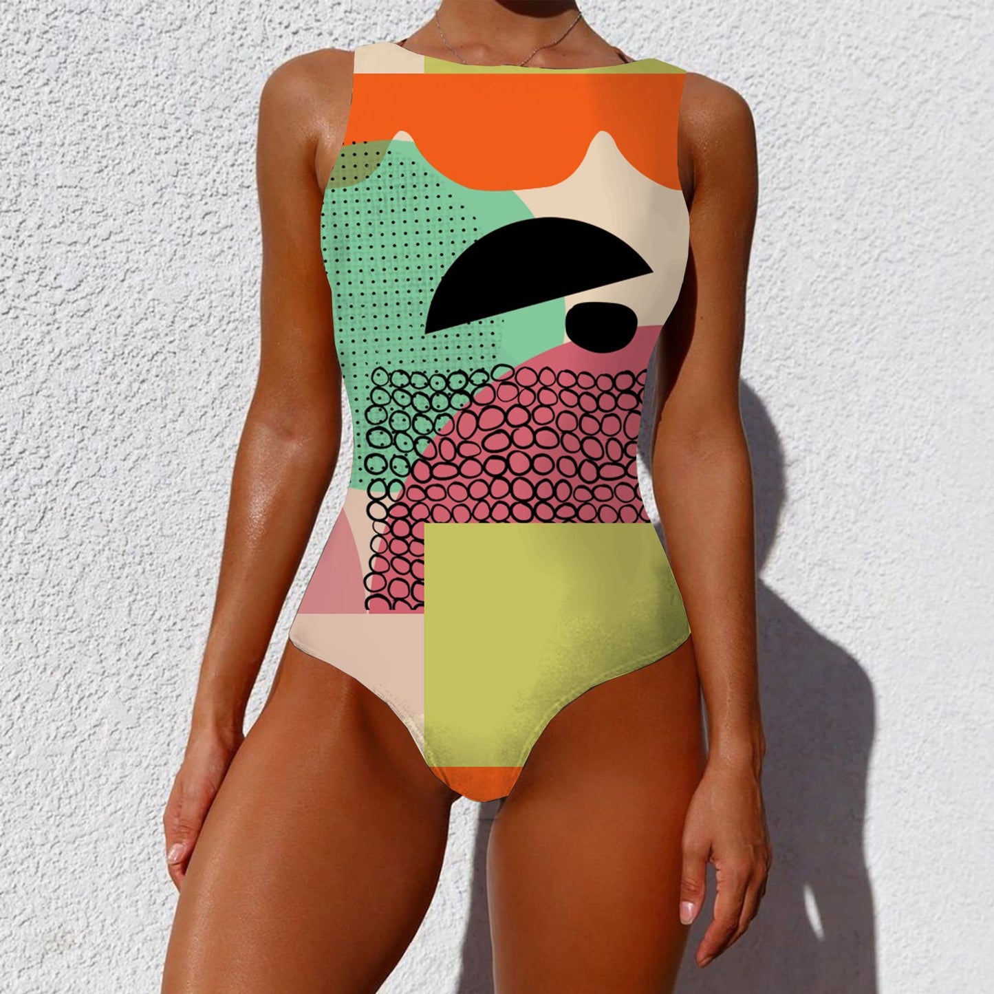 One-piece Fashion Vintage Abstract Print Lady Swimsuit Women Sleeveless Round Neck Bikini Swimwear Summer Push Up Swimsuit - Peek A Boo Undies