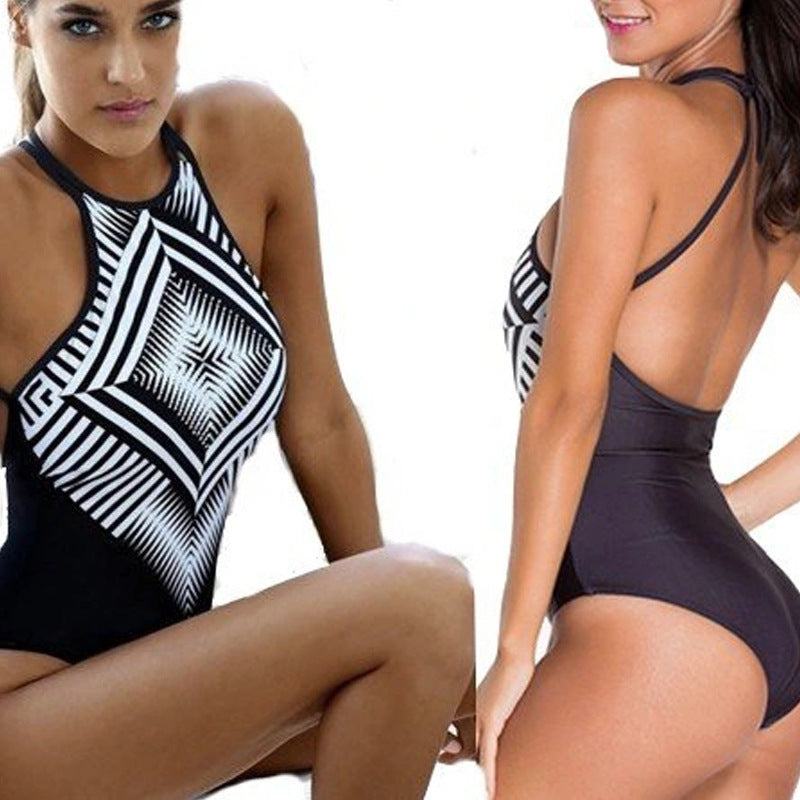 New Style European And American Swimwear Foreign Trade Popular One-Piece Swimsuit Female Digital Leaking Back Cross Swimwear Bikini Bikini - Peek A Boo Undies