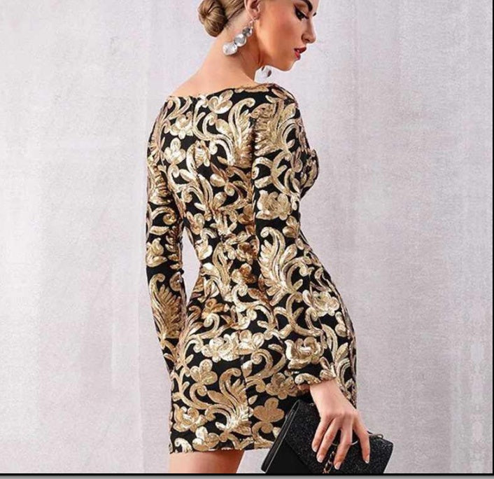 Long Sleeve Sequined Deep V Gold Mini Club Dress - Peek A Boo Undies