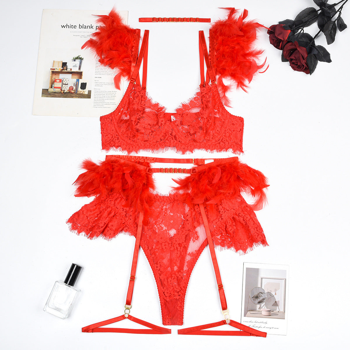Feather Lingerie Lace Women Underwear Bra Panty - Peek A Boo Undies