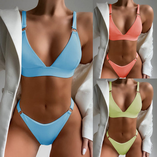 2pcs Bikini Solid Color Small Circle Swimsuit Triangle Swimsuit