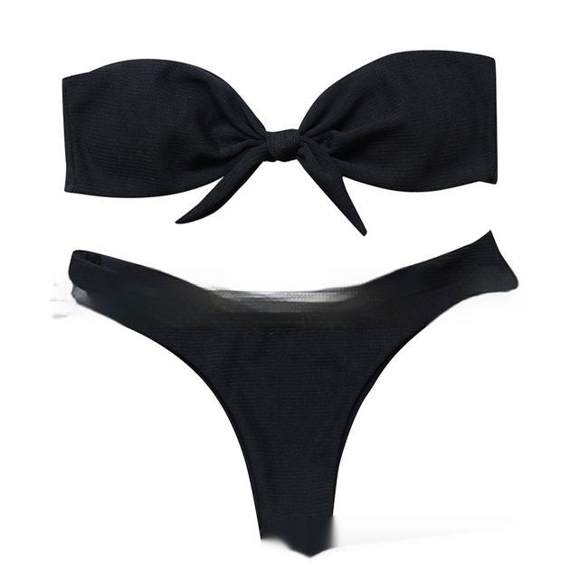 Solid Color Striped Pit Fabric Bow Bikini Women's Swimsuit - Peek A Boo Undies