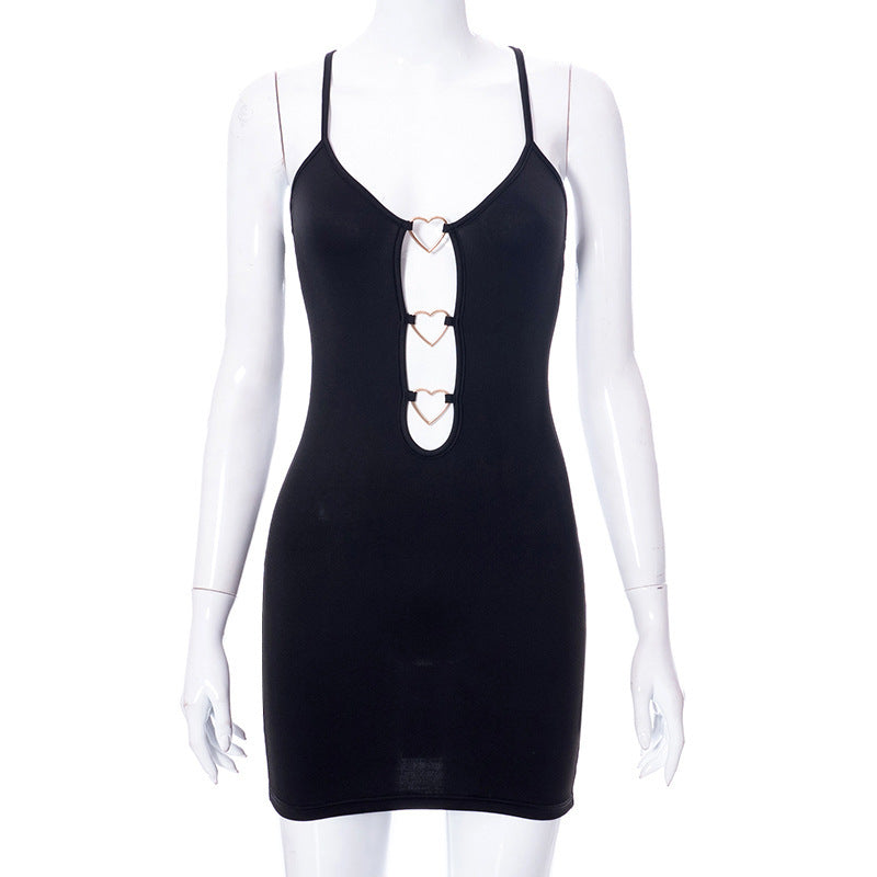 Hollow Out Black Bodycon Dress Camisole Heart Ring Decor Club Party Dress - Peek A Boo Undies