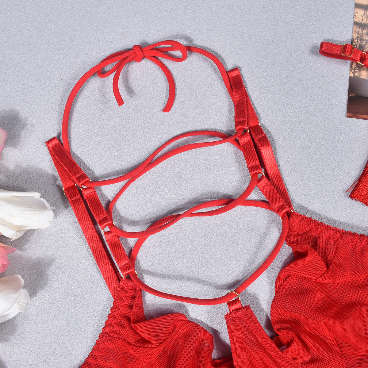 Lingerie Lace-up Push-up Hollow Dew Mesh Neck Ring Pendant Three-piece Set - Peek A Boo Undies