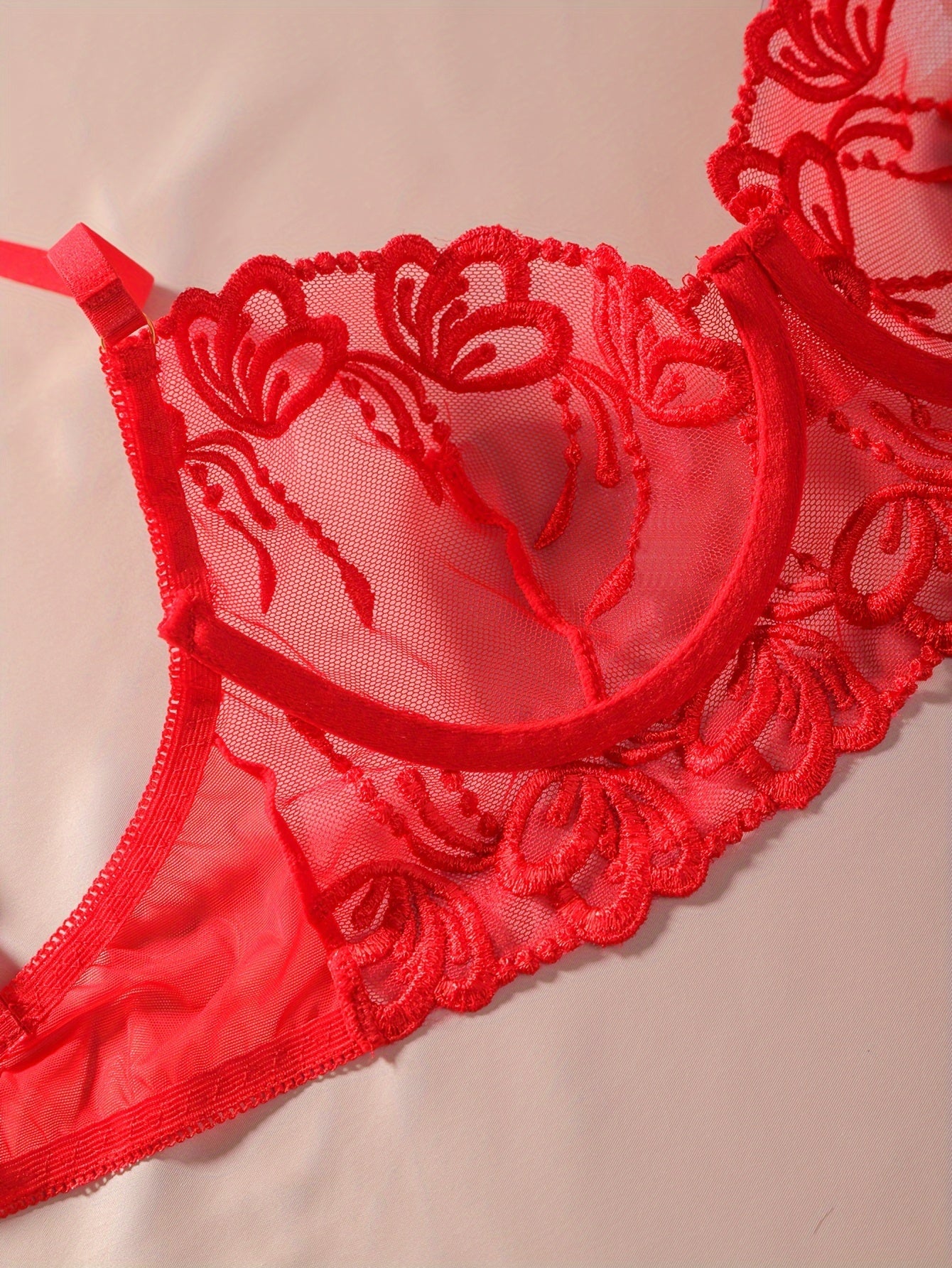 Hot Floral Lace Lingerie Set, Mesh Unlined Bra & Thong, Women's Lingerie & Underwear