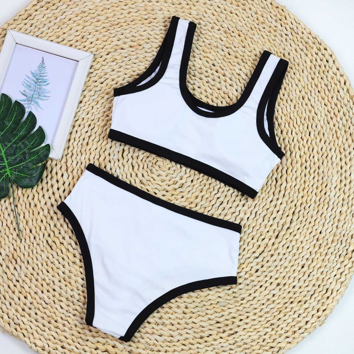 Sexy Black And White Color Matching High Waist Split Bikini Swimsuit - Peek A Boo Undies