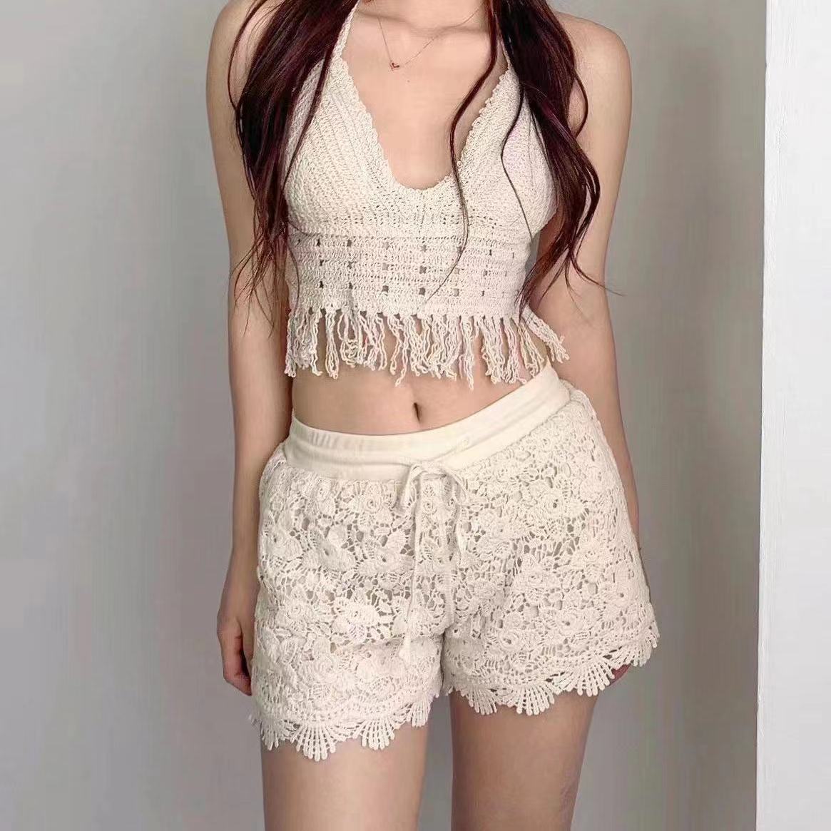 Kadın Halter Örgü Küçük Tank Top Tüp Üst Plaj Bikinisi