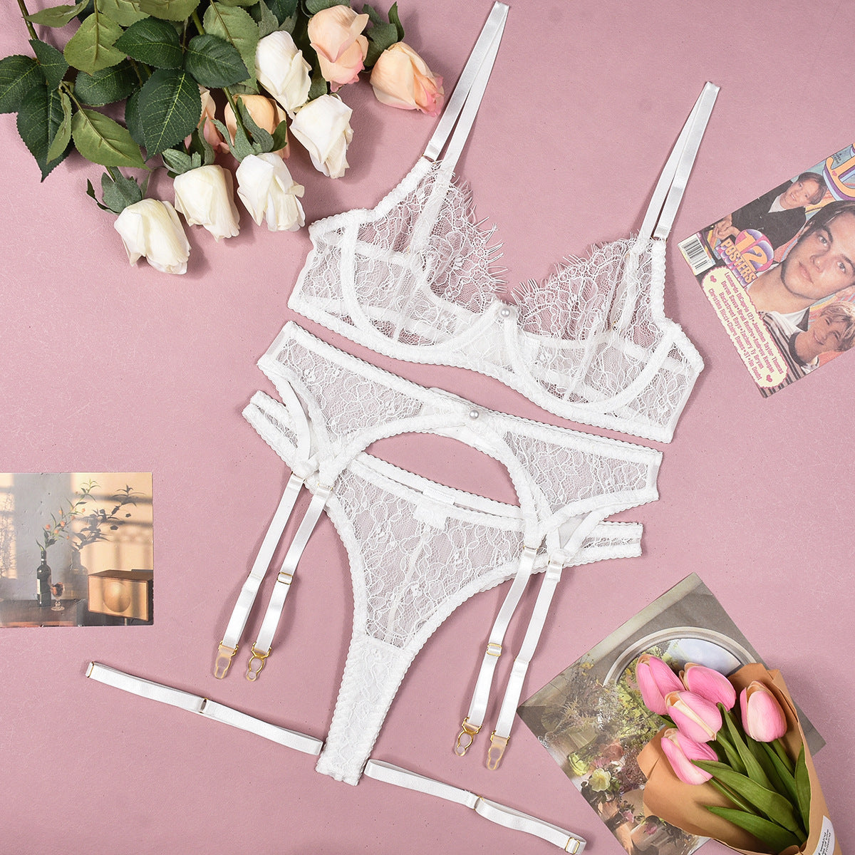 Bra See-through Lace Pearl Decorative Sexy Lingerie 4-piece Set - Peek A Boo Undies