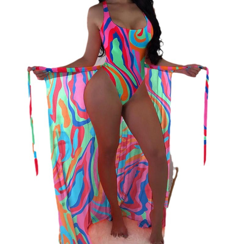 Women's Three-piece Set Mesh Outerwear Printing Color Contrast Bikini