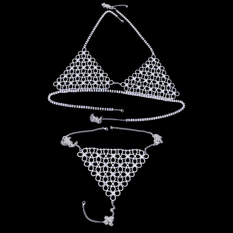 Shiny Sexy Bikini Set with Rhinestone Hollow Flower Body Chain - Peek A Boo Undies