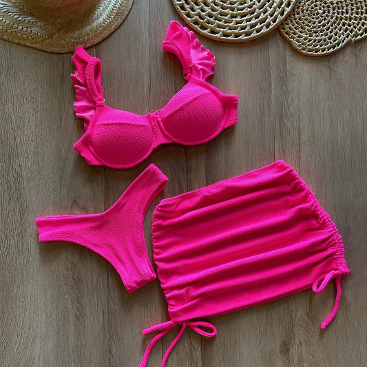 Women's Solid Color Thread Three-piece Bikini