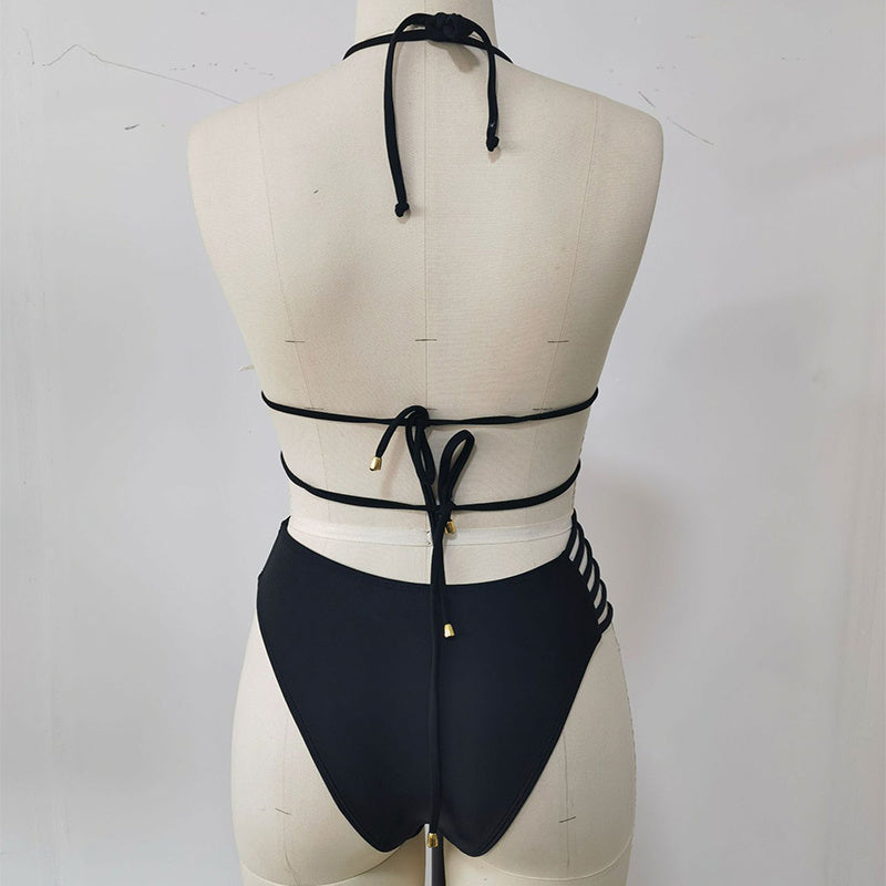 Two-piece Halter Neck Bikini Leopard Print Cutout Strap Swimsuit Set Summer Beach Womens Clothing - Peek A Boo Undies