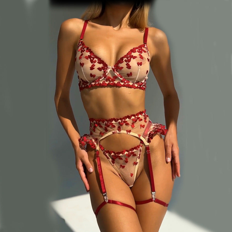 4 PCs Set Love Embroidered Mesh Lingerie Bra - Peek A Boo Undies