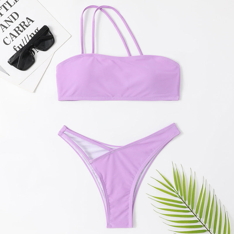 Sexy One-shoulder Bikini Set Summer Solid Color Swimsuit Beach Party - Peek A Boo Undies