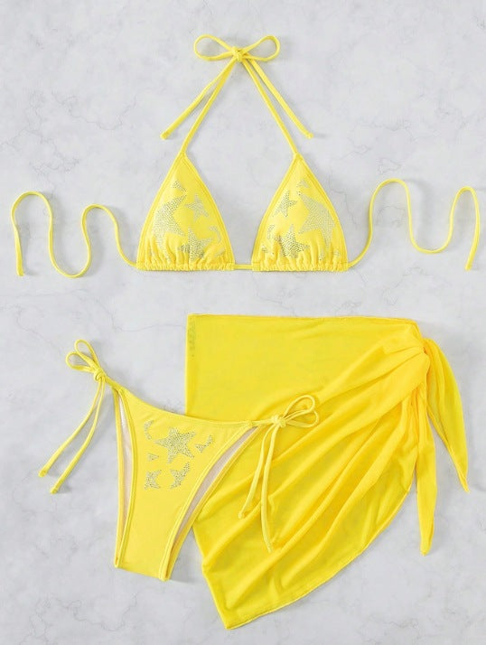Bikini Mayo Taşlı Tül Etek Üç Parçalı Takım Bölünmüş