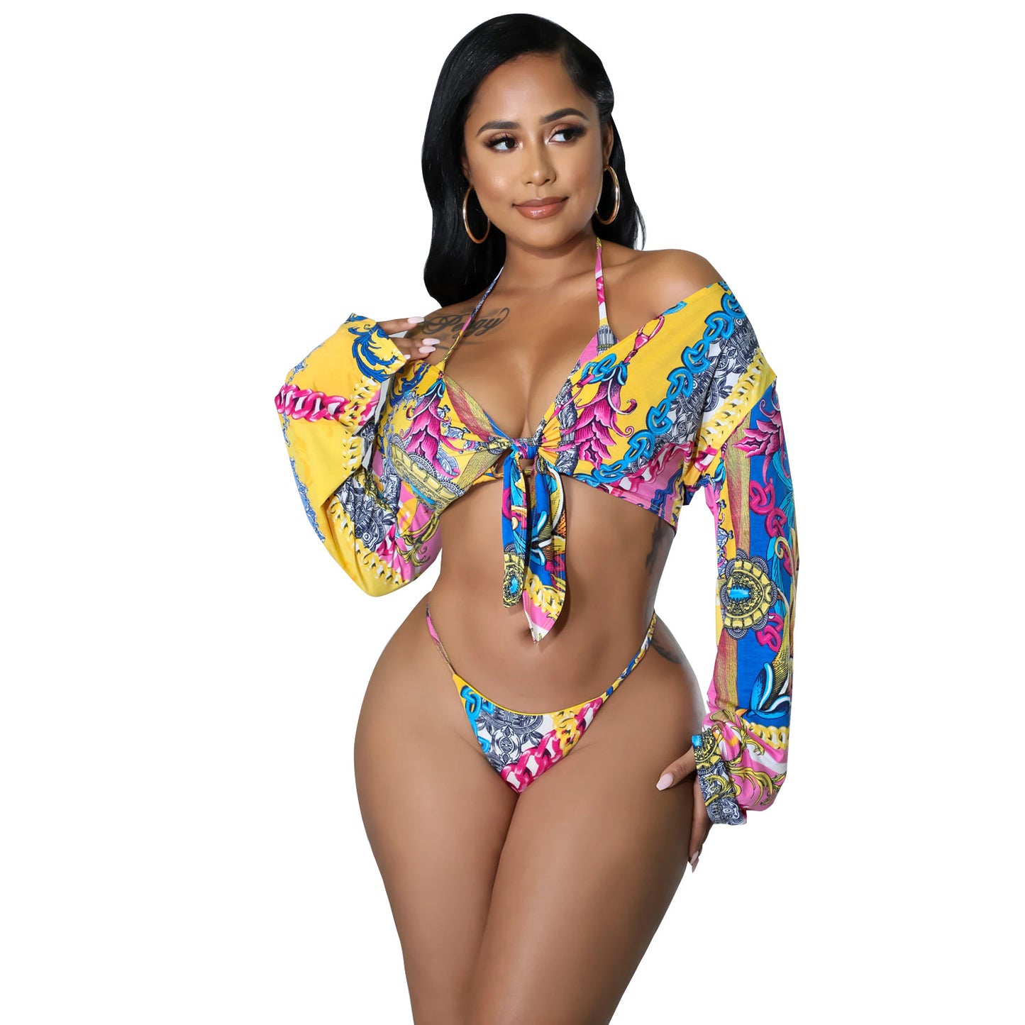 Baskılı Bağcıklı Bikini Üç Parçalı Takım