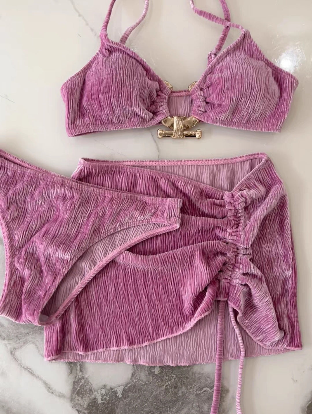 Velvet Pure Desire Bikini Net Kırmızı Tay Mayosu Bağcıklı Üç Parçalı Set