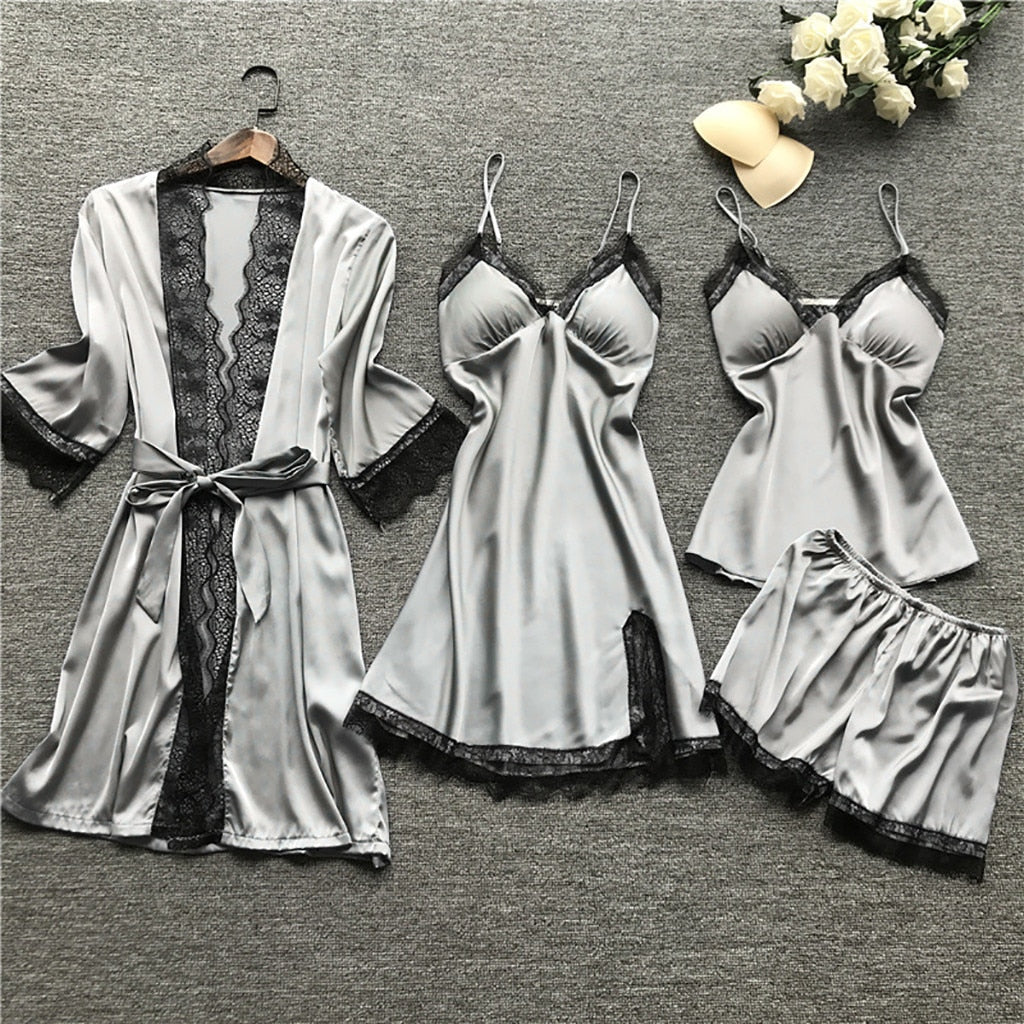 Women Silk Dress Robe Sleepwear Pajamas Set Women's Lingerie Set with Robe Long Negligee Lingerie Role Play Lingerie for Couples