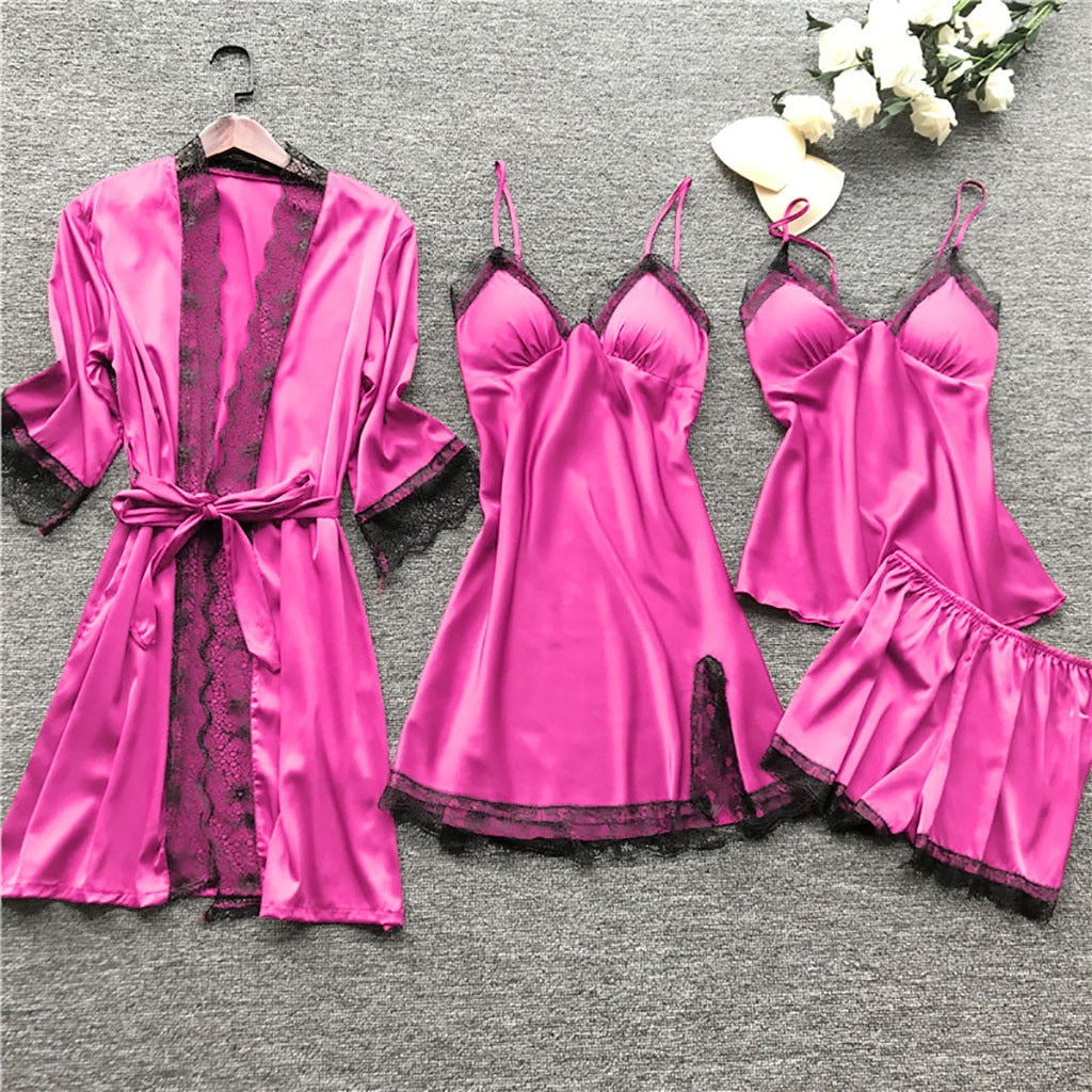Women Silk Dress Robe Sleepwear Pajamas Set Women's Lingerie Set with Robe Long Negligee Lingerie Role Play Lingerie for Couples