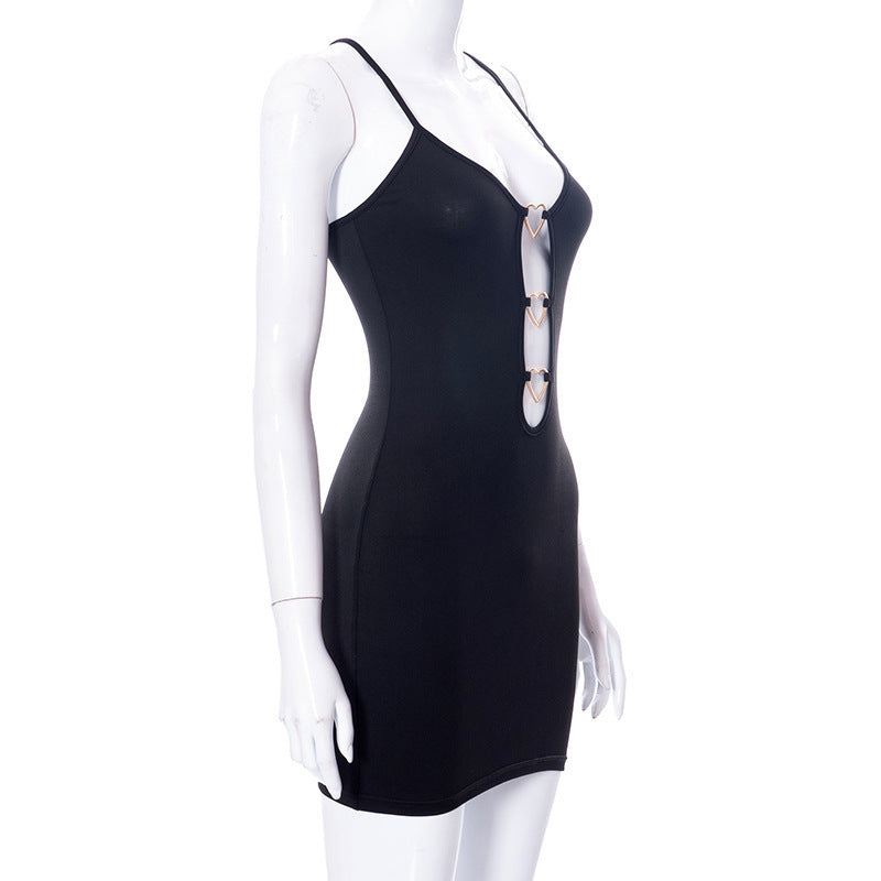 Hollow Out Black Bodycon Dress Camisole Heart Ring Decor Club Party Dress - Peek A Boo Undies