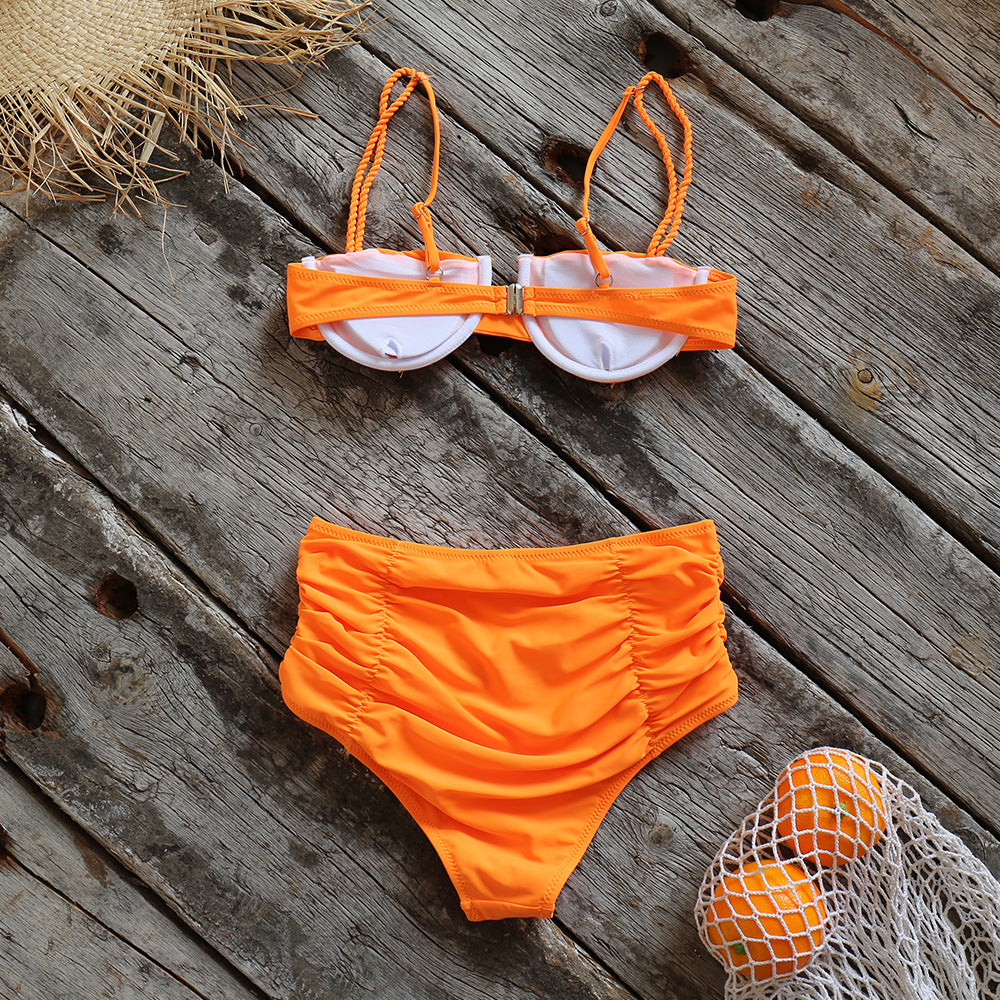 High Waist Bikini Solid Color Pleating Swimsuit - Peek A Boo Undies
