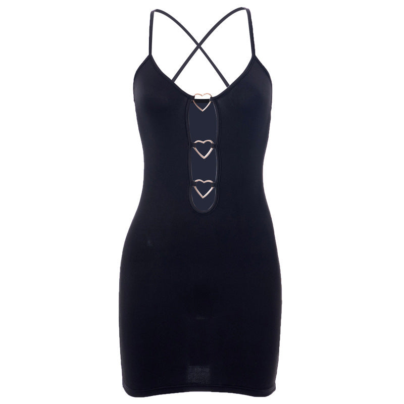 Hollow Out Black Bodycon Dress Camisole Heart Ring Decor Club Party Dress - Peek A Boo Undies