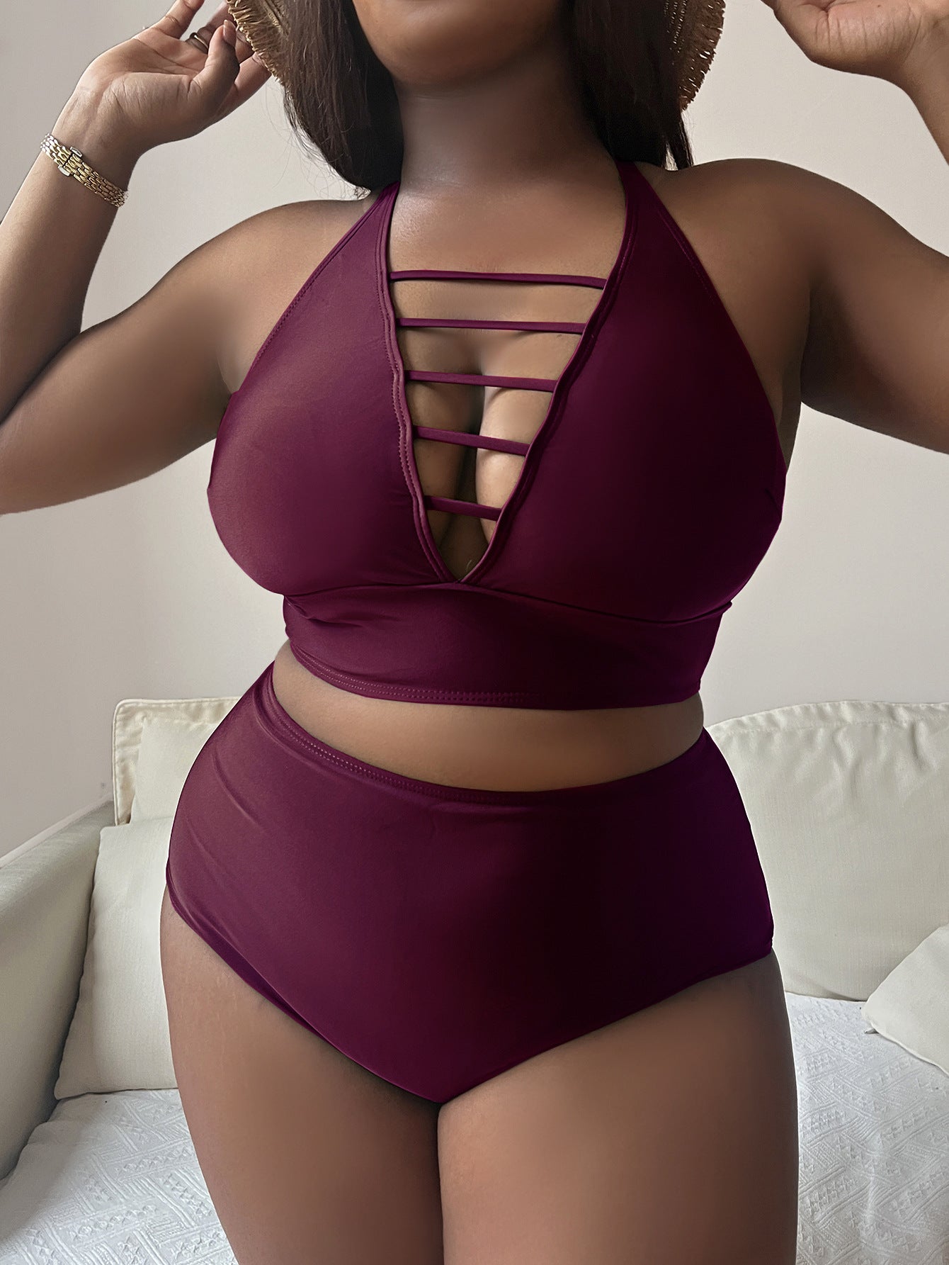 Plump Girls Plus Size Solid Color Hollow Cross Shoulder Strap Adjustable Halter Bikini - Peek A Boo Undies
