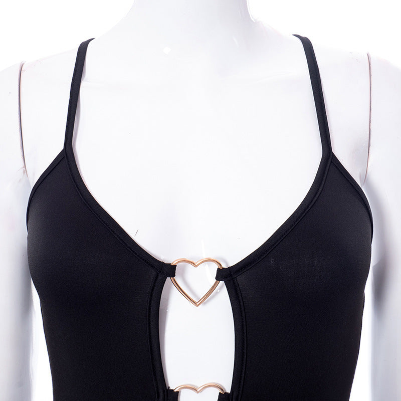 Hollow Out Black Bodycon Dress Camisole Heart Ring Decor Club Party Dress - Peek A Boo Undies