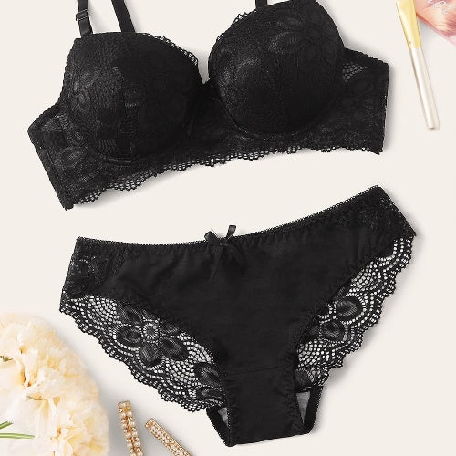 Lace Lingerie Panties Set Push Up Bra Briefs With Steel Ring - Peek A Boo Undies