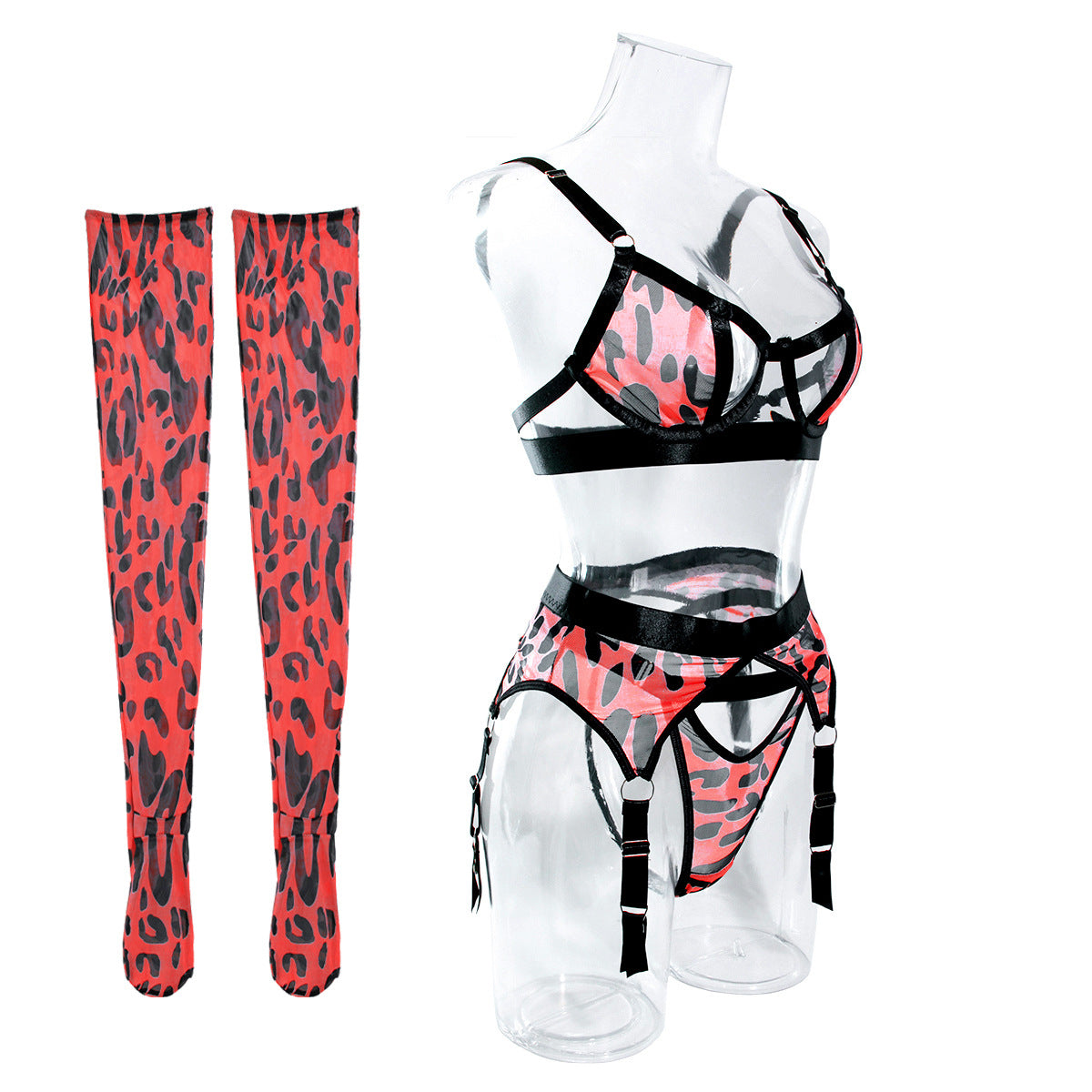 Wild Leopard Print Mesh Hollow Lingerie Stockings Sexy Lingerie Set - Peek A Boo Undies
