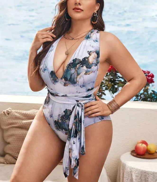 Large Size Printed One-piece Women's Bikini - Peek A Boo Undies