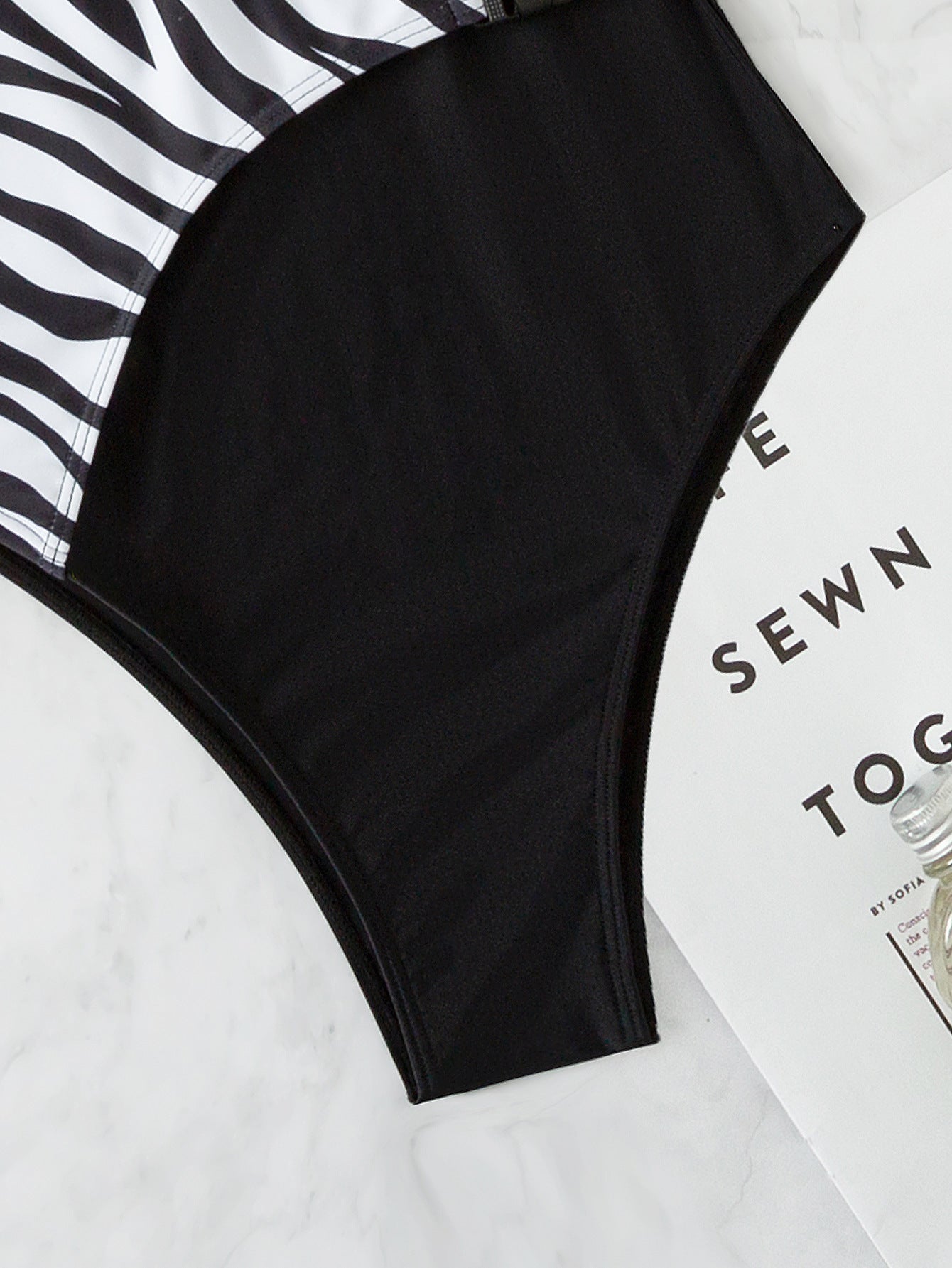 Women's Single Shoulder Zebra Black Plain Fabric Patchwork Bikini - Peek A Boo Undies