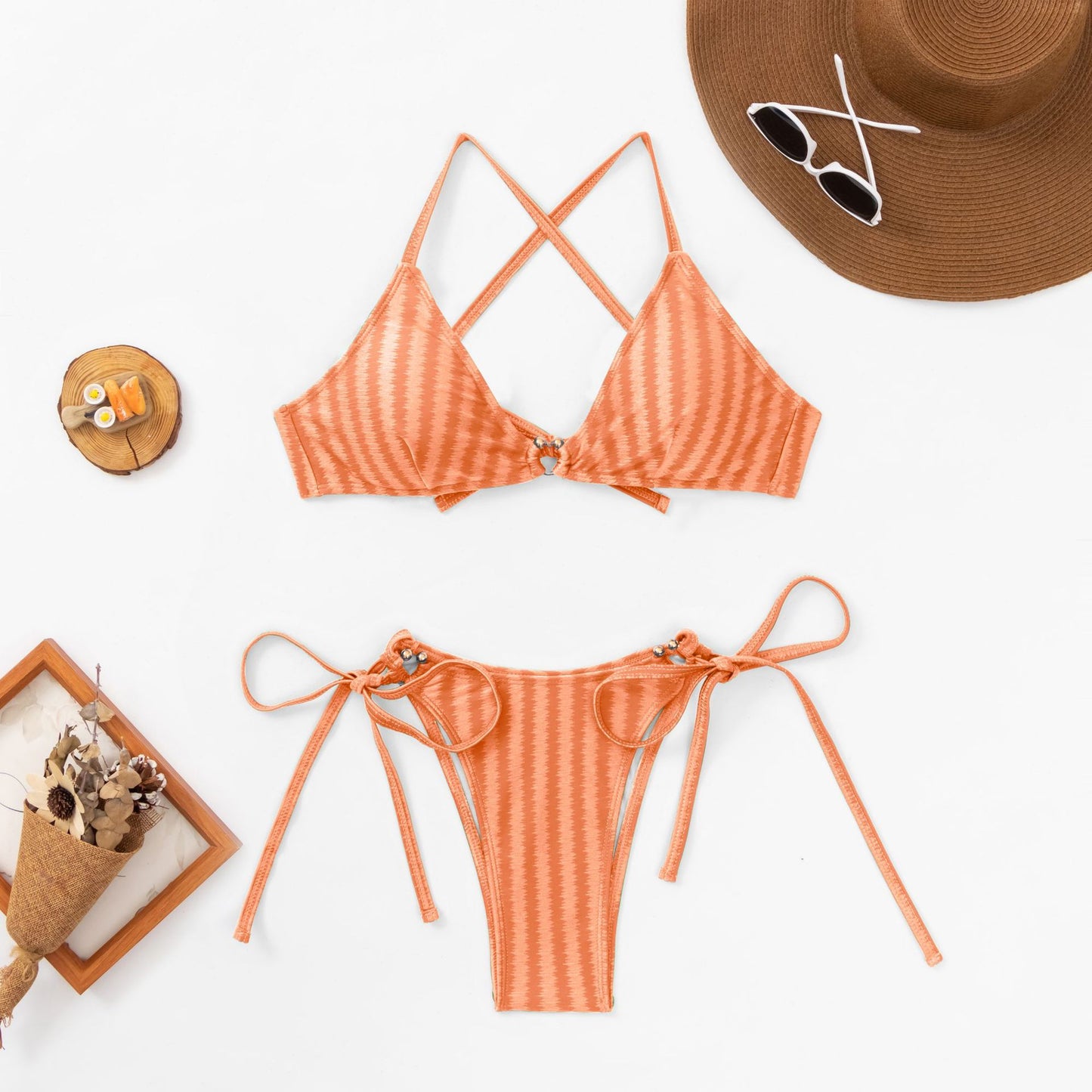 Jakarlı Bağcıklı Mayo Kadın Bölünmüş Bikini İki Parça Set