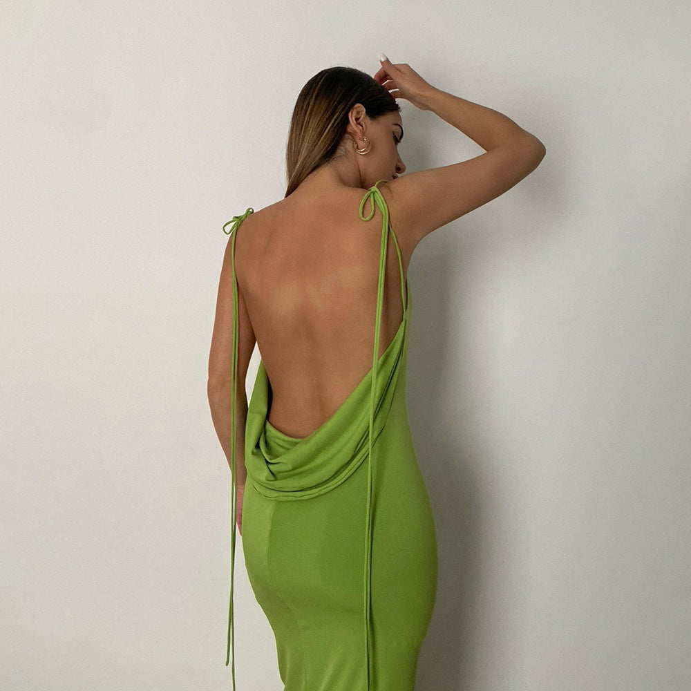 Elegant Spaghetti Strap Sexy Backless Draped Maxi Dress for Night Club Party Long - Peek A Boo Undies