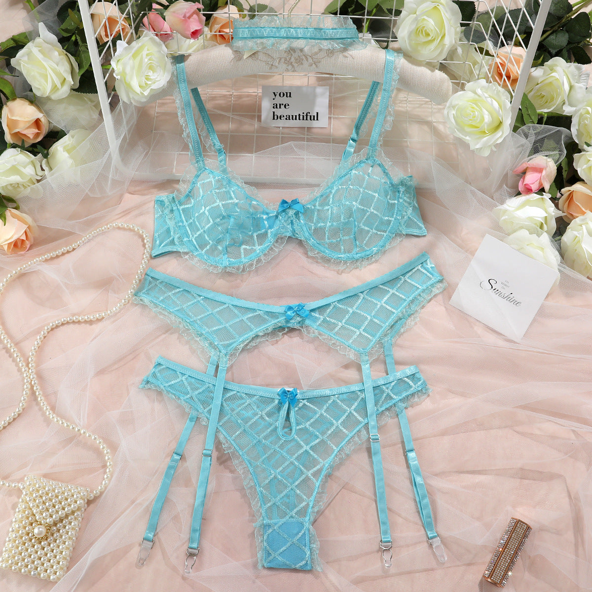 Lingerie Large Grid Sexy Gather Belt Bib Embroidery Hollowed Out Suit Women - Peek A Boo Undies