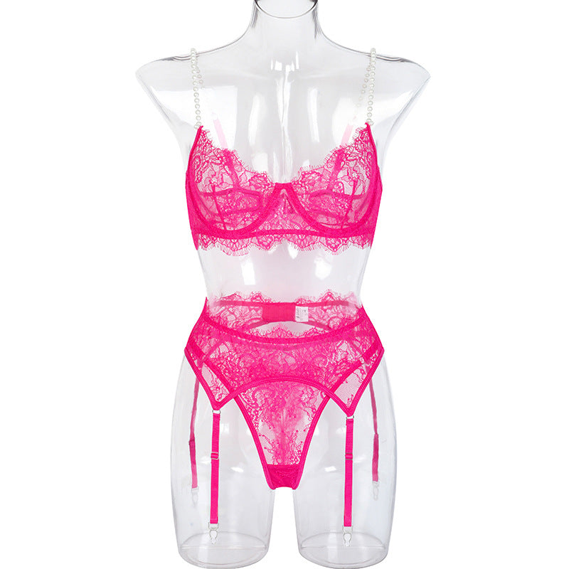 Women's Embroidered Lace Mesh Pearl Sling Lingerie Three Piece Set - Peek A Boo Undies
