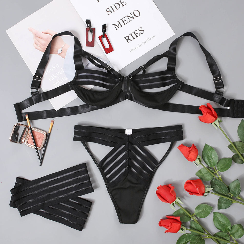 Motorcycle Ribbon With Foot Rings Nightclub Lingerie Set - Peek A Boo Undies
