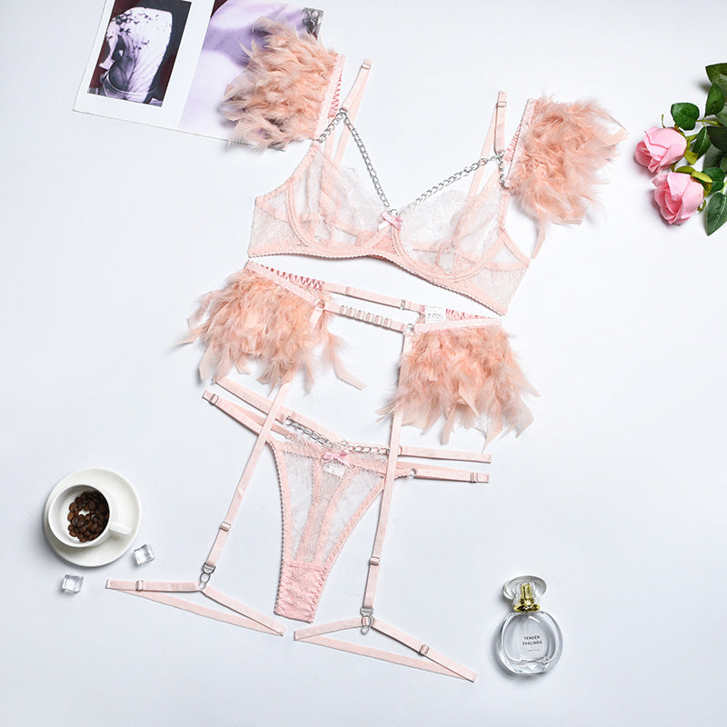 Metal Chain Lace Feather Lace Eyelash Lingerie Set - Peek A Boo Undies