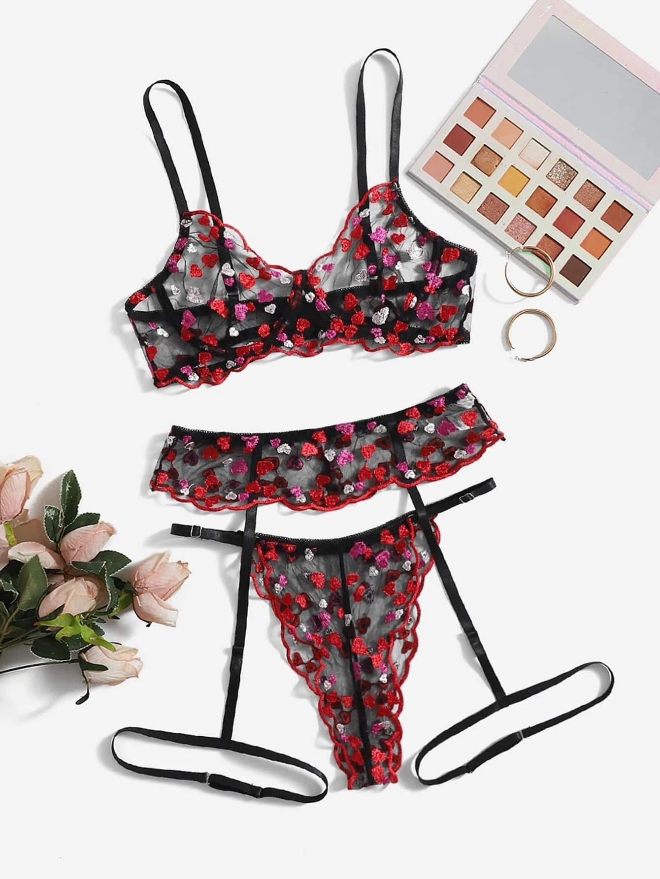 Mesh Lace Love Embroidered Three-point Sexy Lingerie Suit - Peek A Boo Undies