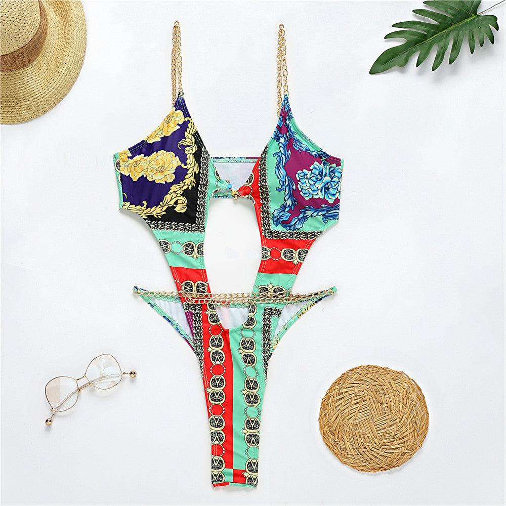 New Printed One-piece Bikini Metal Chain Swimsuit