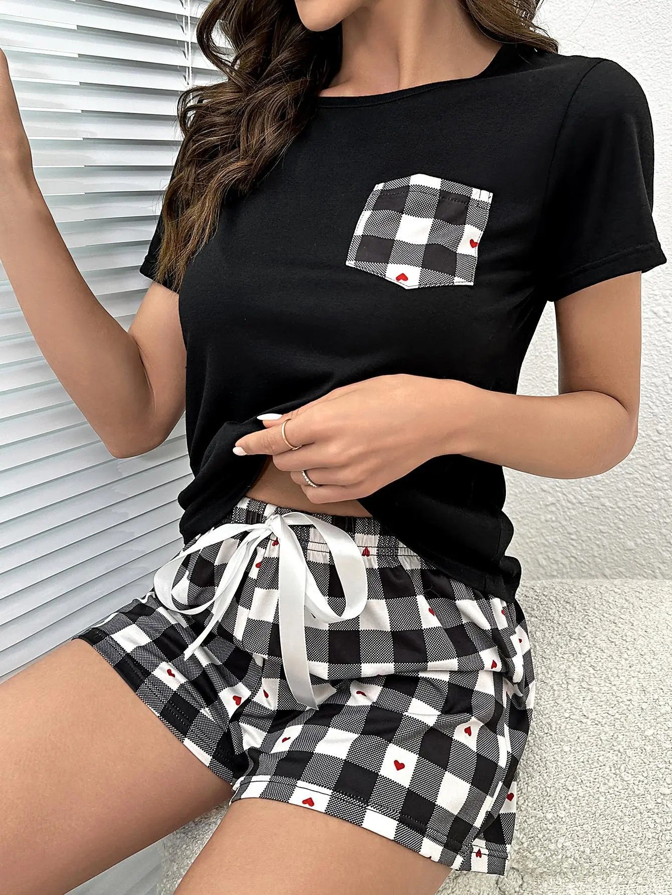 Plaid Heart Top and Shorts Lounge Set - Image #6