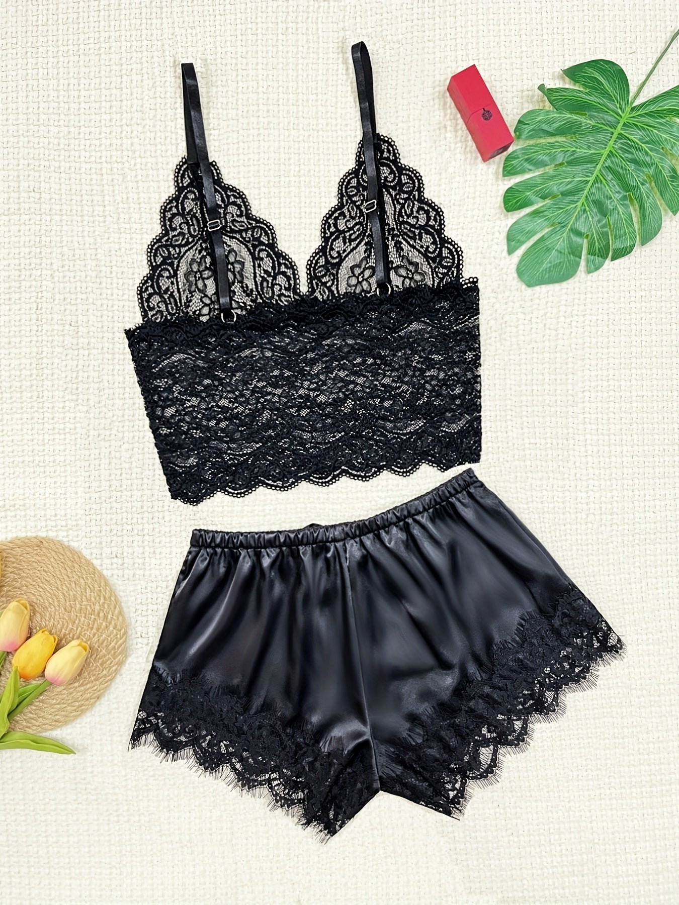 Women's Sexy Floral Lace Lingerie Set - Sheer Bralette And Bow Shorts For Seductive Style And Comfort