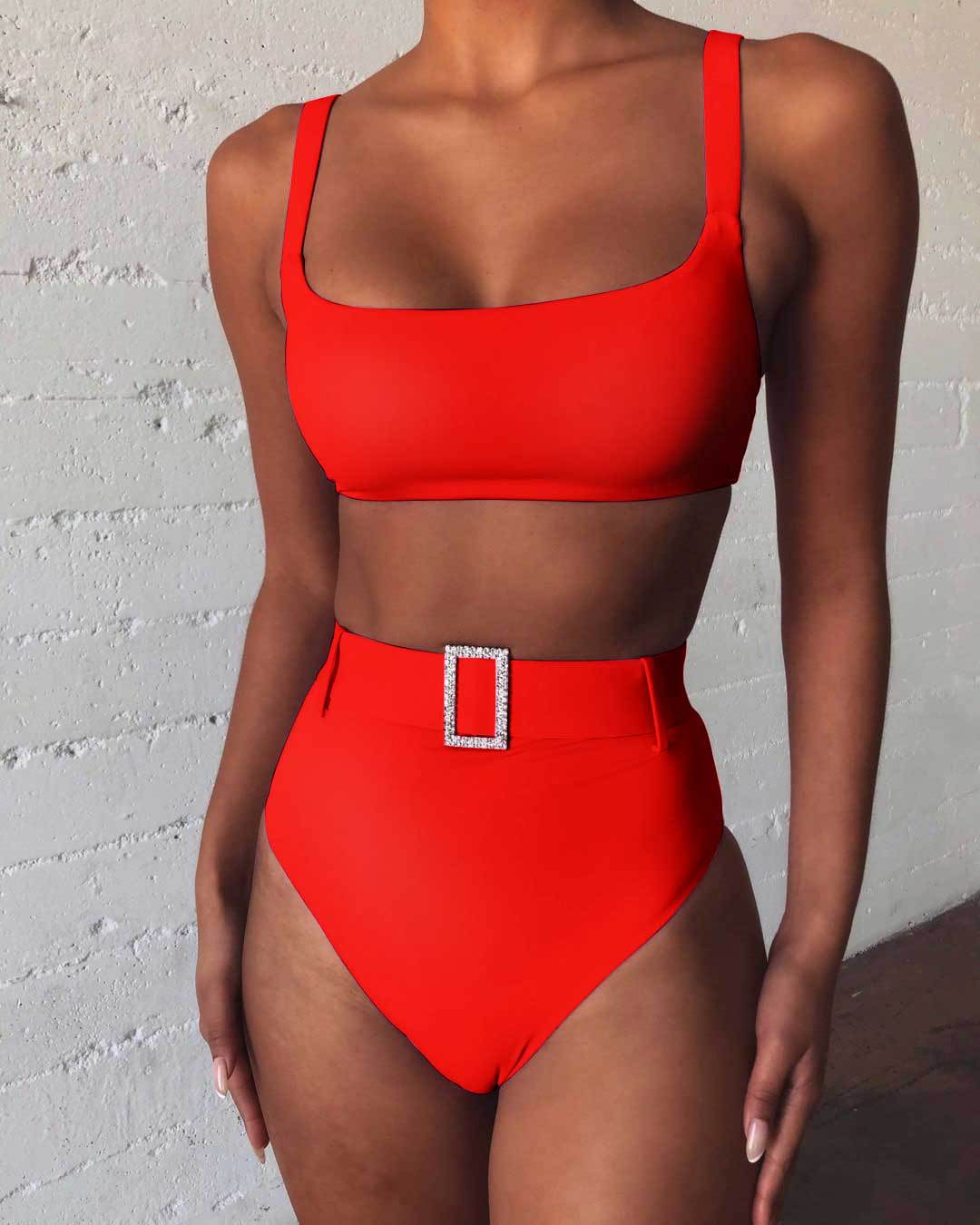 Solid color high waist sexy imitation diamond bikini